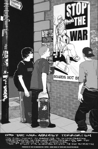 Skake borders looking at anti-war poster